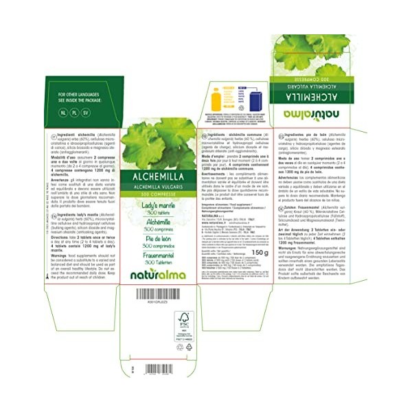 Alchémille commune Alchemilla vulgaris herbe Naturalma | 150 g | 300 comprimés de 500 mg | Complément alimentaire | Naturel