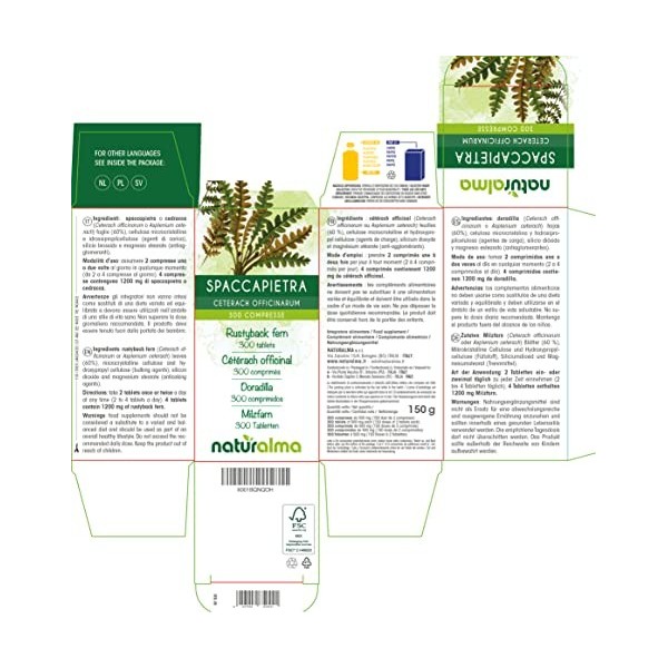 Cétérach officinal Ceterach officinarum ou Asplenium ceterach feuilles Naturalma | 150 g | 300 comprimés de 500 mg | Complé