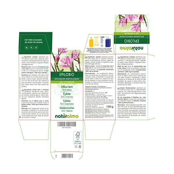 Épilobe Epilobium parviflorum herbe Naturalma | 150 g | 300 comprimés de 500 mg | Complément alimentaire | Naturel et Végét