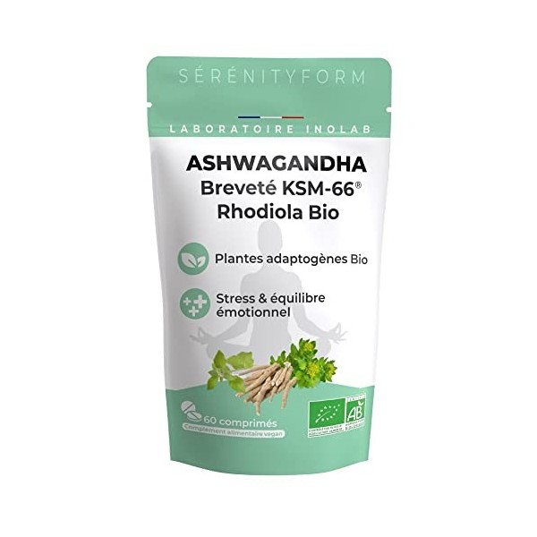 Extrait Ashwagandha KSM-66® Bio 5% Withanolides & Rhodiola Bio - Complexe Synergique Vegan de Plantes Adaptogènes Ayurvédique