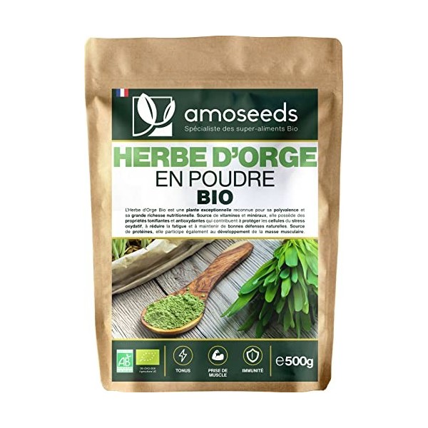 Poudre d’Herbe dOrge Bio 500G | 100% jeunes pousses | Sans Gluten, Sans OGM, Sans Additif | Qualité Supérieure