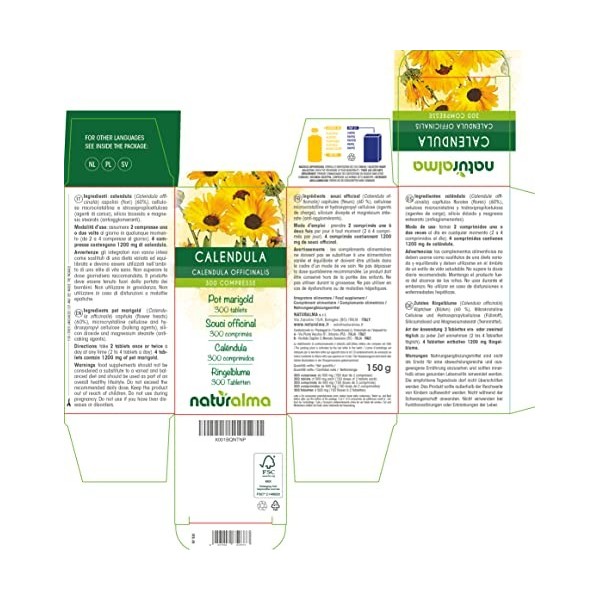 Souci officinal Calendula officinalis capitules fleurs Naturalma | 150 g | 300 comprimés de 500 mg | Complément alimentai