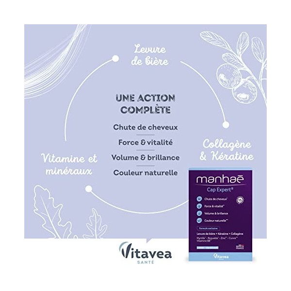 Manhaé - Cap Expert - Complément alimentaire - Chute de cheveux, force, volume, brillance - Biotine vitamine B8 , levure de 