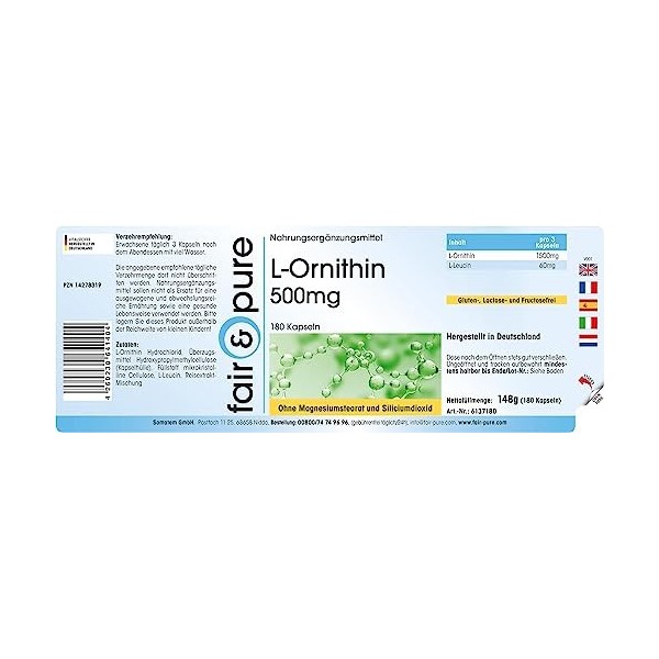 Fair & Pure® - L-Ornithine 500mg - hautement dosée - 180 gélules