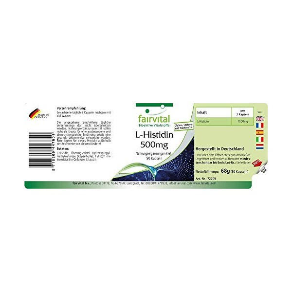 Fairvital | L-Histidine 500mg - VEGAN - Fortement dosé - Acide aminé - 90 gélules