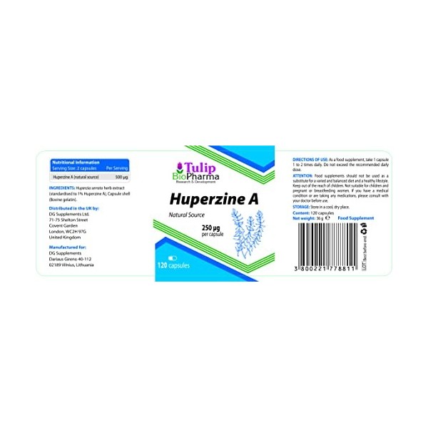 Huperzine A 250mcg 120 Gélules, testé par un laboratoire tiers, sans gluten ni OGM