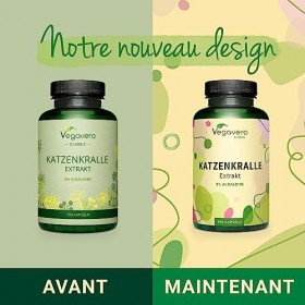 Griffe de Chat Vegavero® | 500 mg d’Extrait d’Uncaria Tomentosa | Avec 3% d’Alcaloïdes | Sans Additifs | 180 Gélules | VEGAN