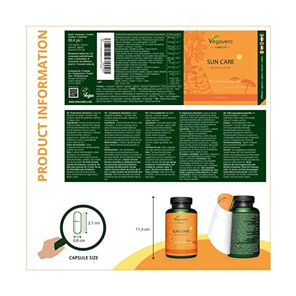 BRONZAGE COMPLEX | Protection Solaire + Teint Naturel | 8 ACTIFS | Avec Bêta Carotène, Zinc, L-tyrosine, Lycopène, Cuivre, Vi