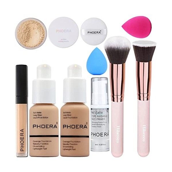 PHOERA Fond de Teint Couvrant Et Face Primer Liquide Couverture Complète Foundation PHOERA Correcteur,PHOERA Poudres,Pinceaux