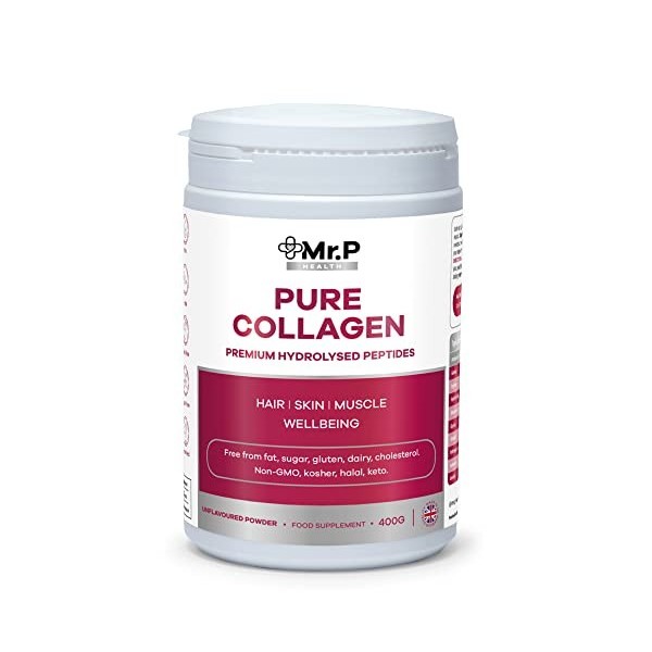 Mr. P. Health Pure Collagène Peptides 400 g Types I III Supplément alimentaire Poudre non aromatisée Sans gluten Halal Casher