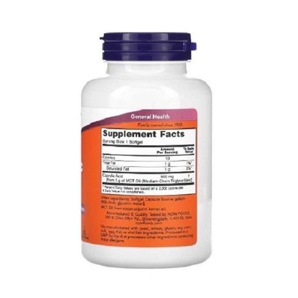 Now Foods Caprylic Acid acide caprylique 600 mg 100 gélules molles