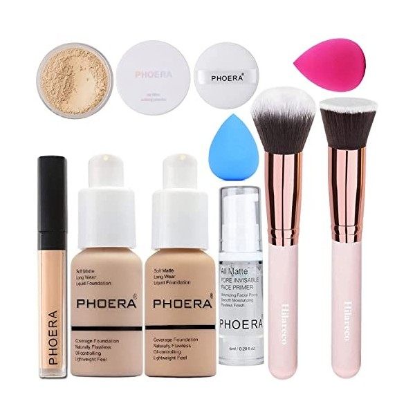 PHOERA Fond de Teint Couvrant Et Face Primer Liquide Couverture Complète Foundation PHOERA Correcteur,PHOERA Poudres,Pinceaux