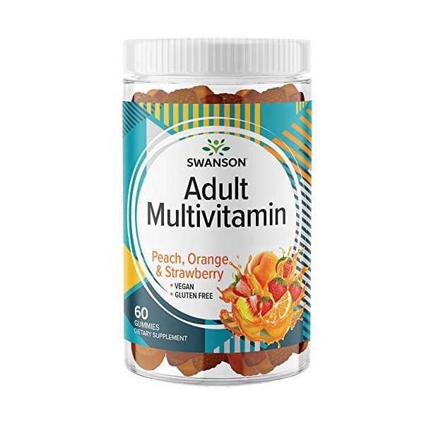 Swanson, Adult Multivitamin Gums, Multivitamin pour Adultes, Goût Pêche-Orange-Fraise, 60 Gommes, Sans Gélatine, Testé en Lab