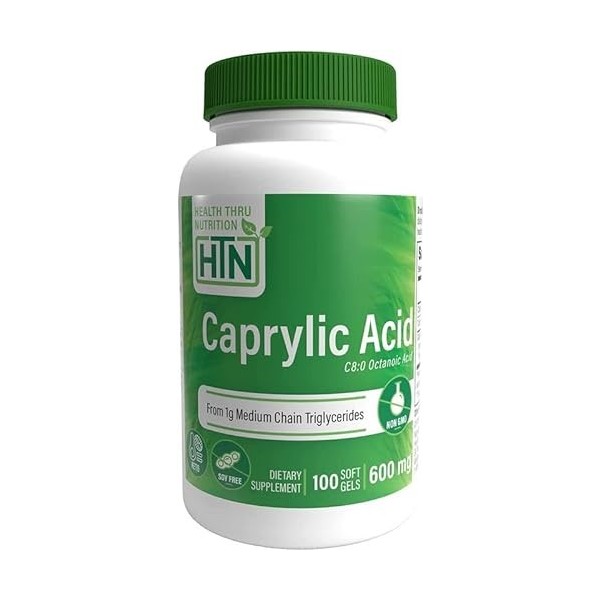 Health Thru Nutrition, Caprylic Acid Acide Caprylique , 600mg, Hautement Dosé, 100 Capsules molles, Testé en Laboratoire, Sa