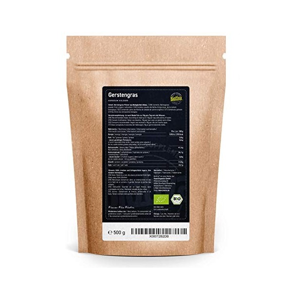 Biotiva Herbe dorge bio en poudre 1000g 2x500g - Poudre fine de jeunes pousses dorge - Production en Allemagne - Certifié