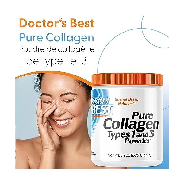 Doctors Best, Pure Collagen Type 1 et 3, 200g de Poudre, Testé en Laboratoire, Sans Gluten, Sans Soja