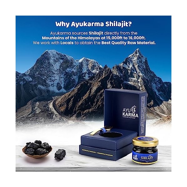 AYUKARMA Pure Himalayan Shilajit Resin 20 grammes - 80 portions | Récolté de lHimalaya | 85+ oligo-éléments et acide fulviqu