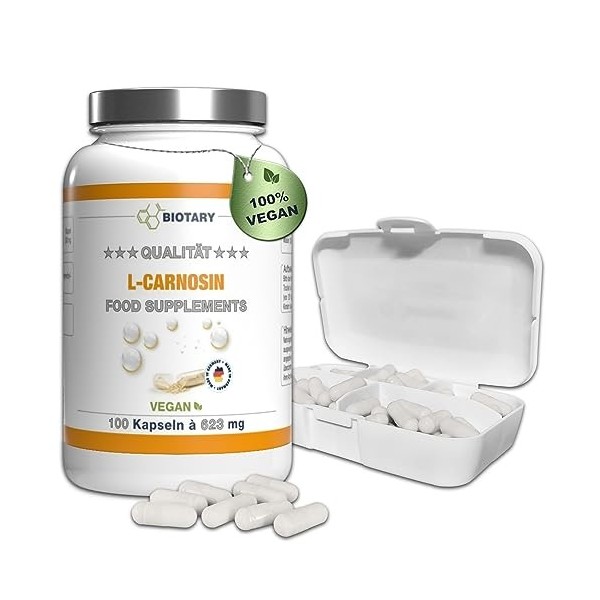 L-Carnosine 100 gélules, 1000 mg par jour, Avec boîte à pilules, 100% végétalien, haute dose et sans additifs, haute biodispo