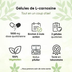 L-Carnosine 100 gélules, 1000 mg par jour, Avec boîte à pilules, 100% végétalien, haute dose et sans additifs, haute biodispo