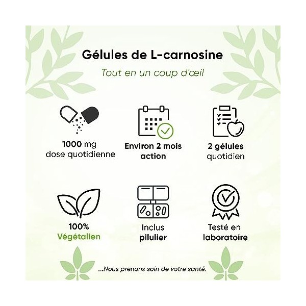 L-Carnosine 100 gélules, 1000 mg par jour, Avec boîte à pilules, 100% végétalien, haute dose et sans additifs, haute biodispo