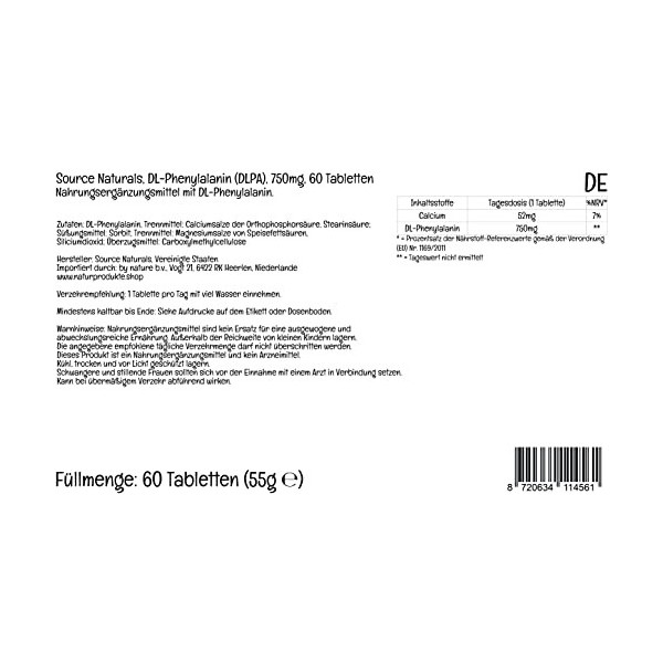 PremiumVital, Source Naturals, DL-Phenylalanine, 750mg, DLPA, Hautement Dosé, 60 Comprimés végétaliens, avec Pilulier Pratiqu