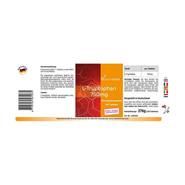 L-Tryptophane 750mg - 240 comprimés - végétalien - fort dosage | Vitamintrend®