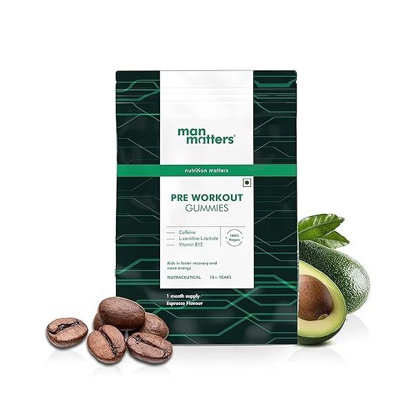 Green Velly Man Matterrs Pre-Workout Coffee Flavour Gummies | Natural Caffeine,Vitamin B12,L-Carnitine & L-Tartrate | Increas