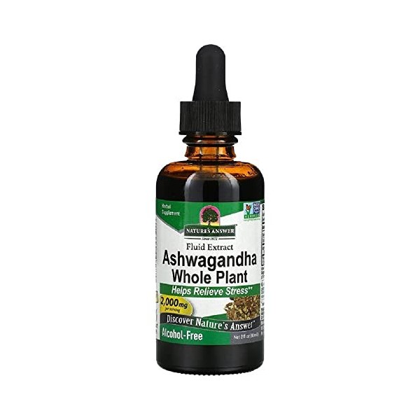 Natures Answer, Ashwagandha Root Racine dAshwagandha , 2.000mg, 60ml, Testé en Laboratoire, Sans Gluten, Sans Soja, Végéta