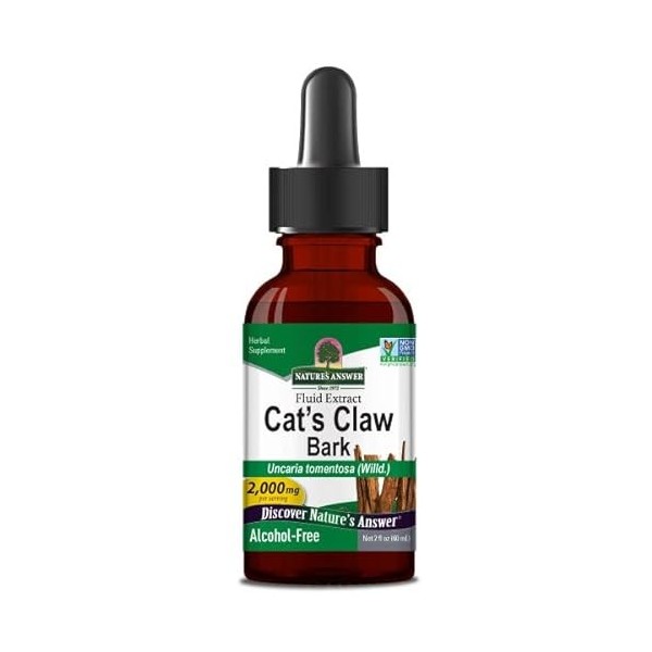 Natures Answer, Cats Claw Bark Griffe de Chat , 2.000mg, 60ml, Testé en Laboratoire, Sans Gluten, Sans Soja, Végétarien