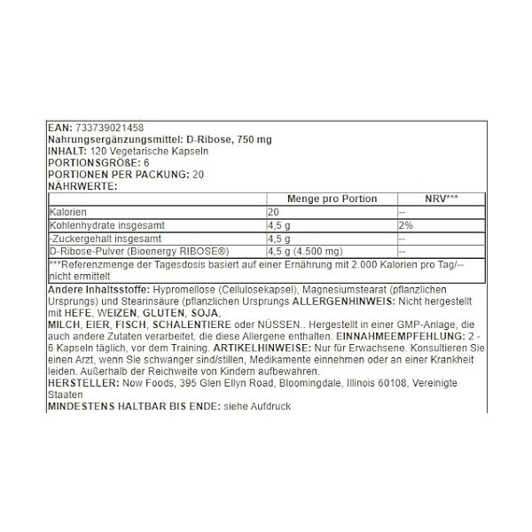 D-Ribose, 750mg - 120 vcaps