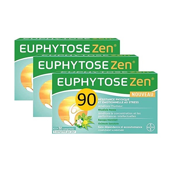 EuphytoseZen Complément Alimentaire, Stress, nervosité, difficultés de concentration, 3 pack de 30 Comprimés - 3 mois de prog