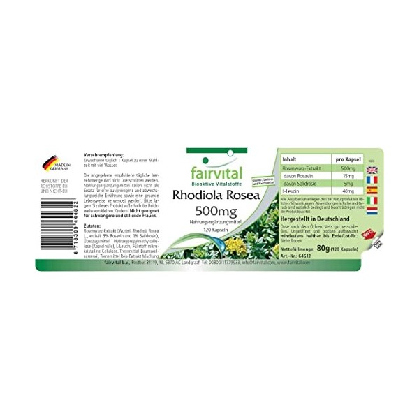 Fairvital | Rhodiola Rosea 500mg - Extrait de racine de Rhodiola - 120 gélules - substance pure - 15mg de rosavine / 8,87mg d