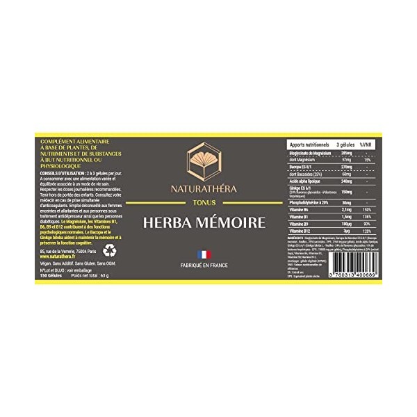 Naturathéra HERBA MÉMOIRE - Complément Alimentaire Cerveau - Mémoire, Concentration, Stress, Cognitives - Extraits Secs - 150