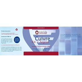 Cuivre-Or-Argent - concentration de 10mg/l CU 8 mg/l – Au 12 mg/l – Ag 10 mg/l - 500 ml. Elixlabs® fabrication Française de