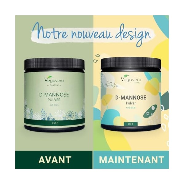 D-Mannose Poudre Vegavero® | 250 g – Pour plus de 4 mois | 100% NATUREL & PUR | 2000mg par dose | Testé en Laboratoire | Sans