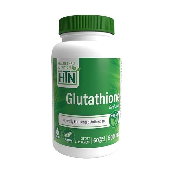 Health Thru Nutrition, Glutathione Réduit , 500mg, Haute Dose, 60 Capsules végétaliennes, Testé en Laboratoire, Sans Gluten,