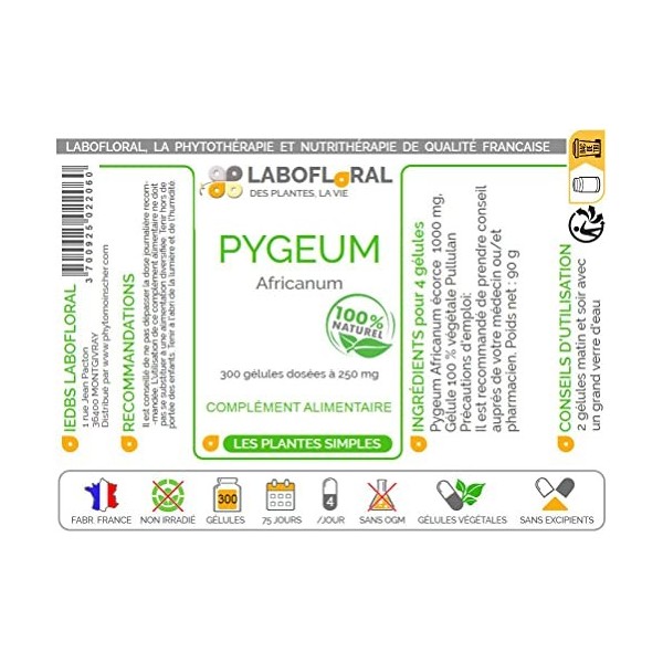 Pygeum Africanum Labofloral 300 gélules dosées à 250 mg - Complément alimentaire - Prostate - Fabriqué en france