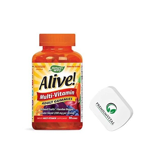 PremiumVital, Natures Way, Alive! Multivitamin Adult Gummies, 90 Gommes, avec Pilulier Pratique, Testé en Laboratoire, Sans 