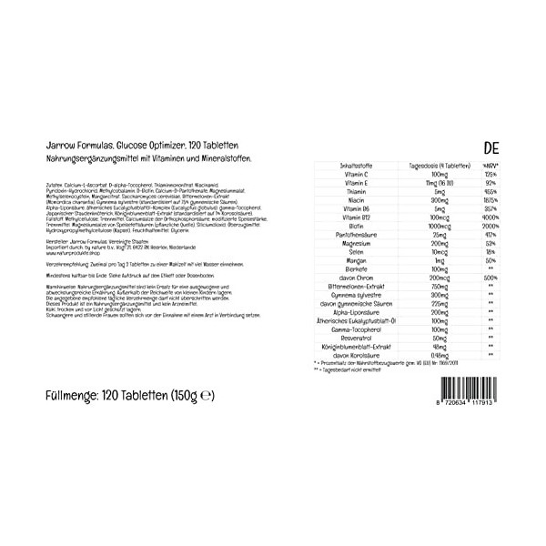 Jarrow Formulas, Glucose Optimizer, 120 Comprimés végétaliens, Testé en Laboratoire, Sans Gluten, Végétarien, Sans Soja, Sans