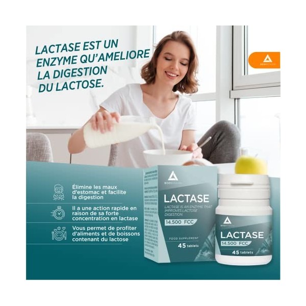 Bodyathlon – Comprimés de Lactase 14500 ALU – Traitement enzyme Lactase 145mg – Qualité garantie - améliore la digestion chez