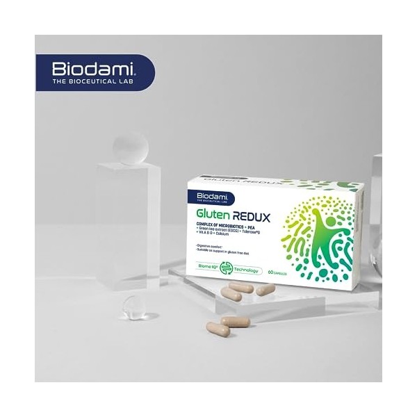 Biodami Gluten Redux | Complément Alimentaire pour la sensibilité au Gluten | 60 Gélules | Formule avec des Probiotiques et E