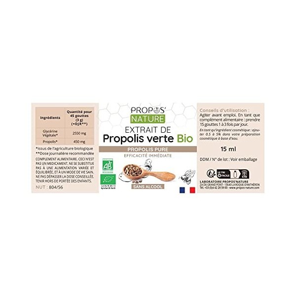 Solution de Propolis Verte Bio - ProposNature - 15 ml - Certifié Biologique AB - Sans alcool