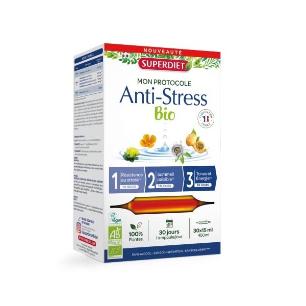 SUPERDIET - PROTOCOLE ANTI-STRESS BIO - 3 phases : Résistance au stress, Sommeil paisible, Tonus et énergie -5 plantes dont l