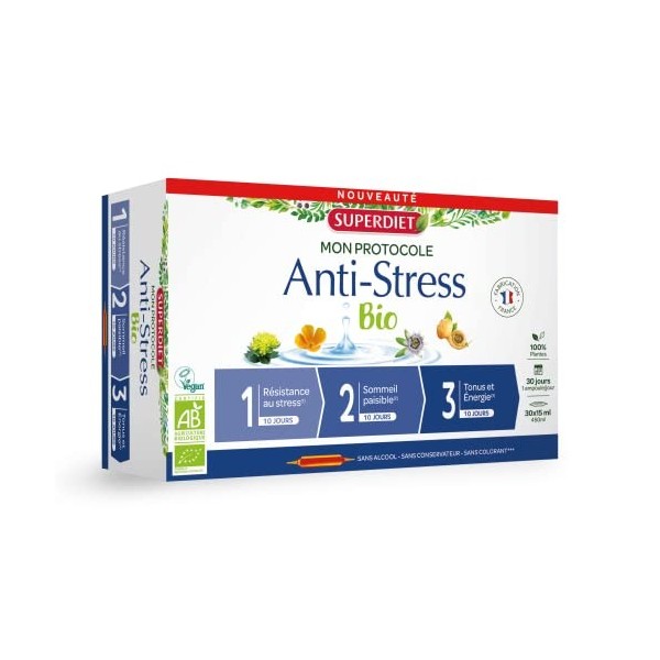 SUPERDIET - PROTOCOLE ANTI-STRESS BIO - 3 phases : Résistance au stress, Sommeil paisible, Tonus et énergie -5 plantes dont l