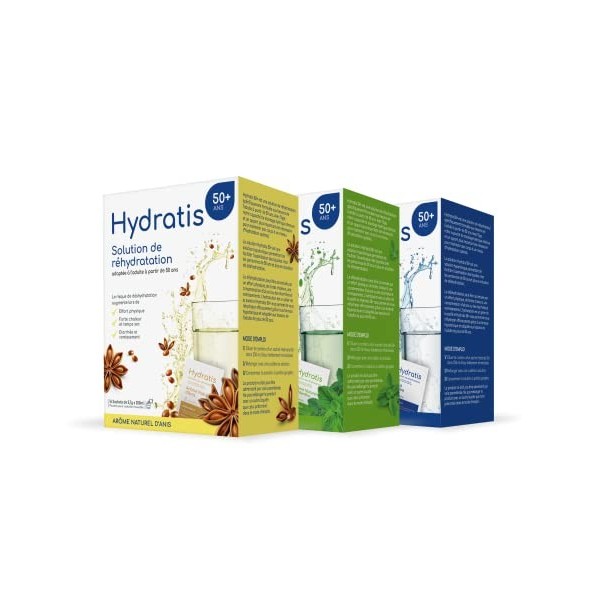 HYDRATIS 50+ - Solution de Réhydratation, Pack 3 Boîtes de 16 Sachets en Poudre - Boisson à Diluer dans lEau Adaptée à lAdu