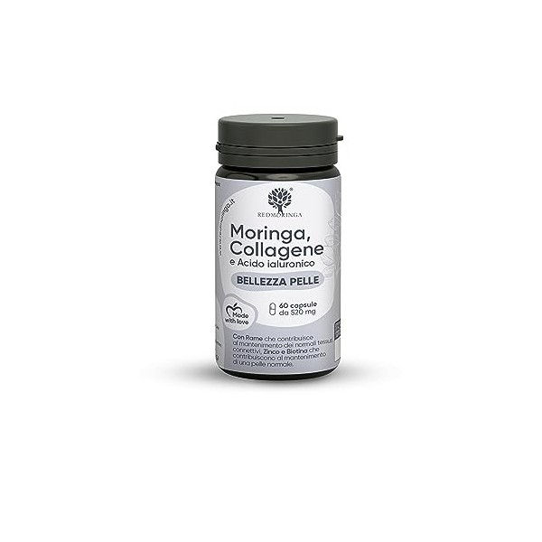 Collagène et acide hyaluronique avec cuivre, zinc, biotine, vitamine A, B2, B3, C et Moringa Bio | Complément pour la peau et