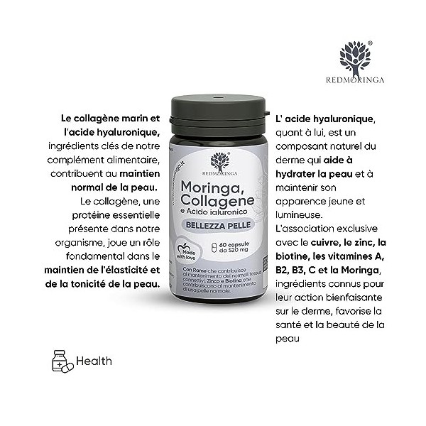 Collagène et acide hyaluronique avec cuivre, zinc, biotine, vitamine A, B2, B3, C et Moringa Bio | Complément pour la peau et