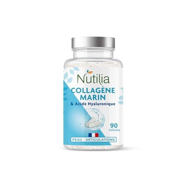 Collagène Marin Breveté + Acide Hyaluronique - Peau Hydraté - Protection des Os et Articulations - Vitamines C et E - 1000 mg