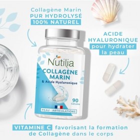 Collagène Marin Breveté + Acide Hyaluronique - Peau Hydraté - Protection des Os et Articulations - Vitamines C et E - 1000 mg