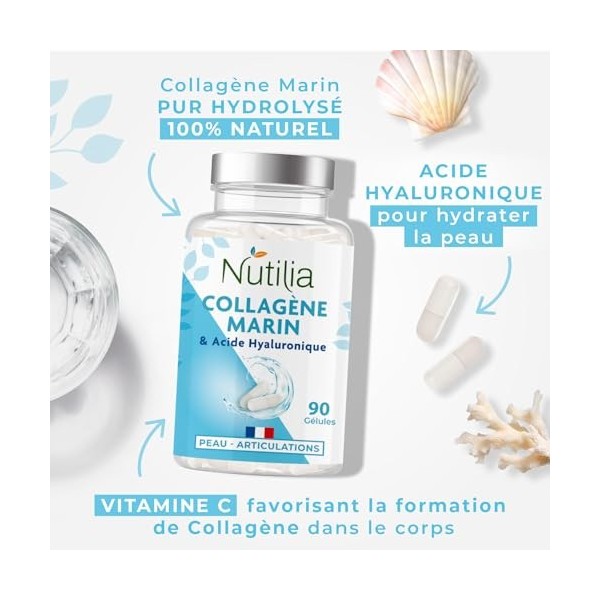 Collagène Marin Breveté + Acide Hyaluronique - Peau Hydraté - Protection des Os et Articulations - Vitamines C et E - 1000 mg